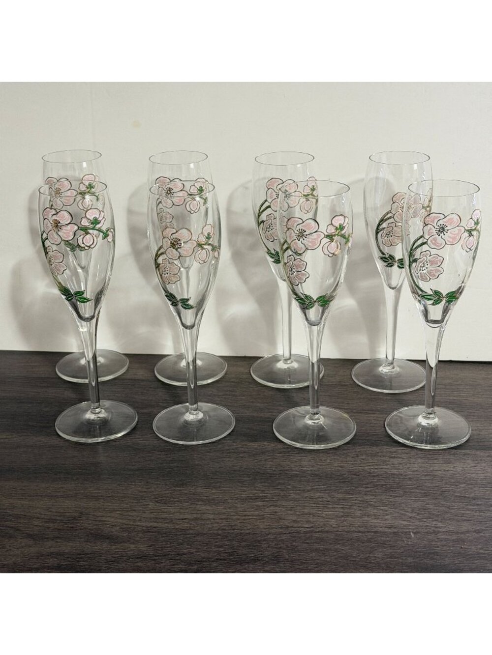 Vintage Perrier-Jouet Belle Epoque Pink Anemone Eight 8 Champagne Glasses Flutes